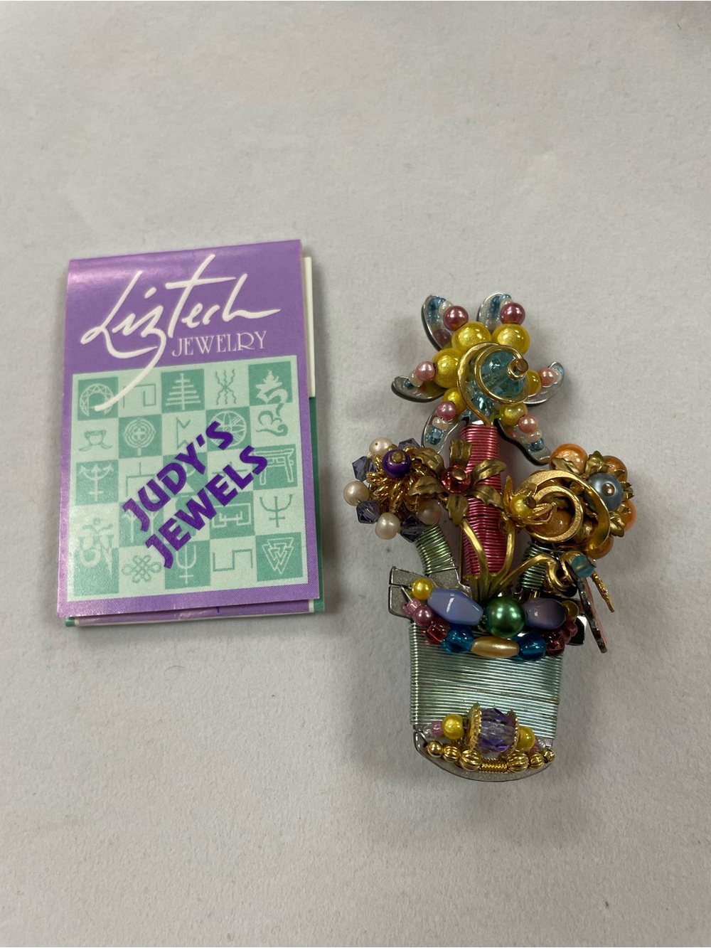 Handcrafted Liztech Judy’s Jewels Flowers in Flower Pot Brooch / Pin